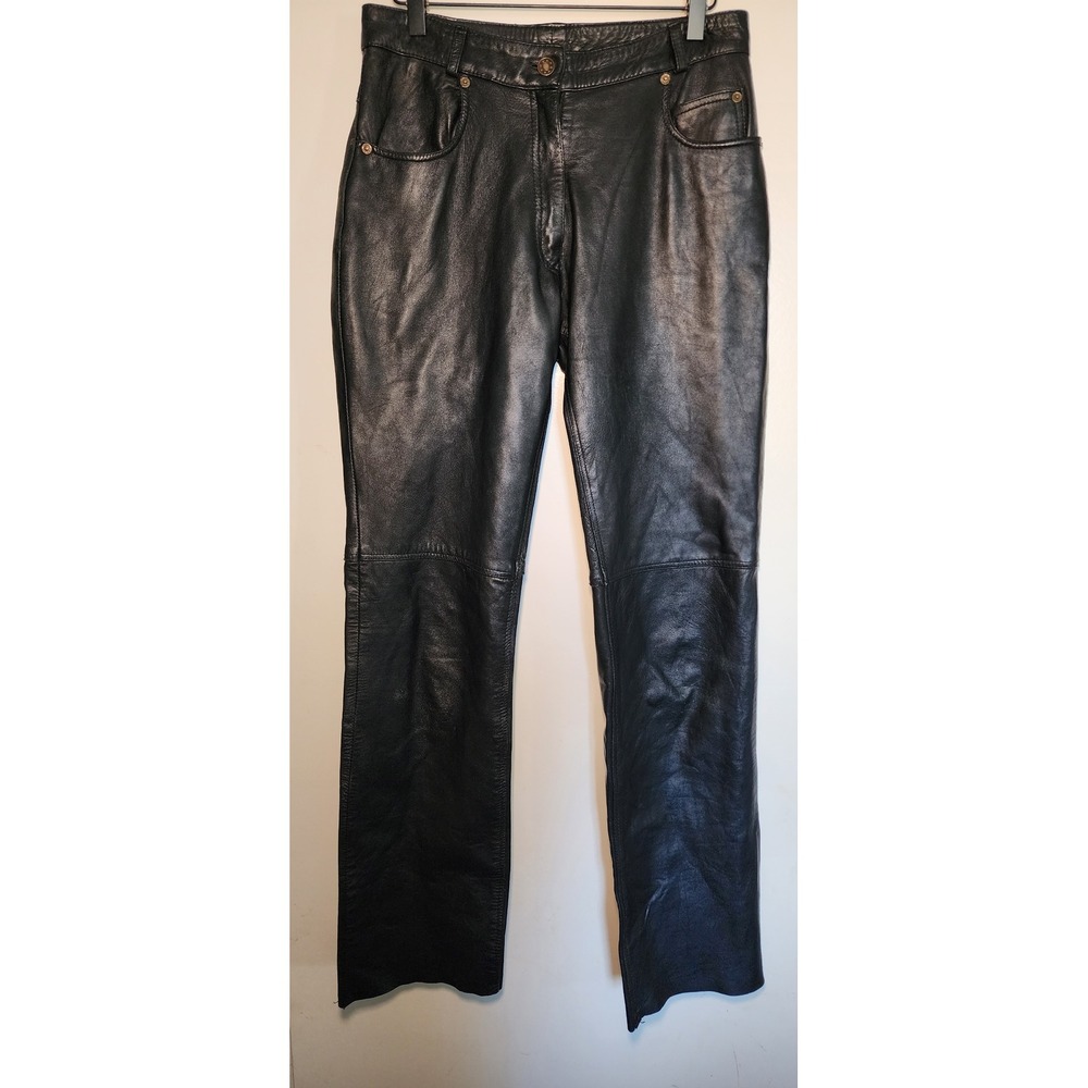 Leather King Womens Black Genuine Leather Straight Leg Biker Pants Size 8 Harley